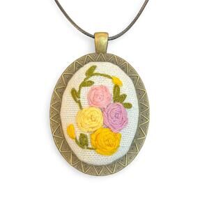 Pastel Roses Embroidery Necklace Handmade Pendant Jewelry